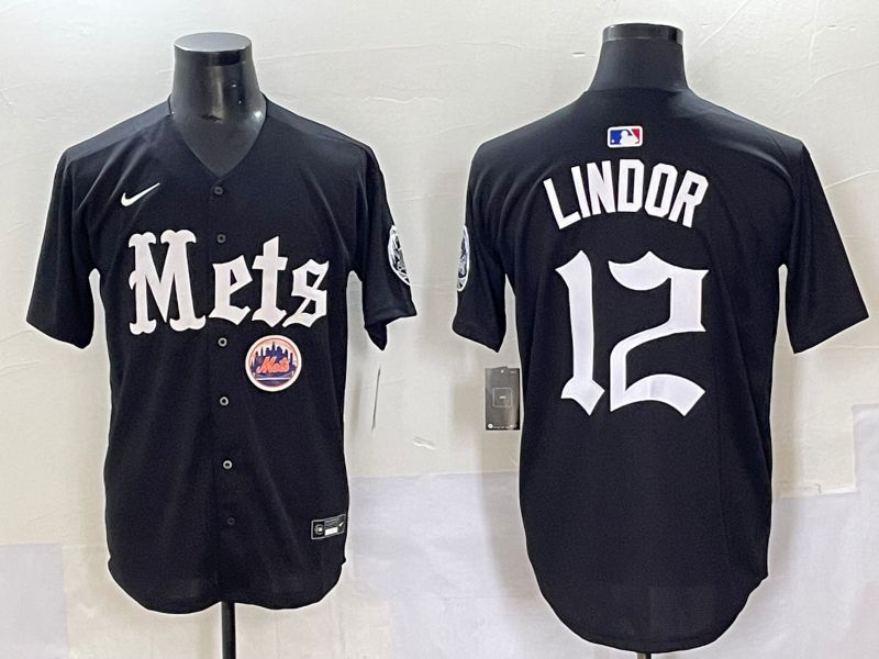 Men 2025 New York Mets #12 Lindor Black Five generations Joint Name Nike MLB Jersey style 12